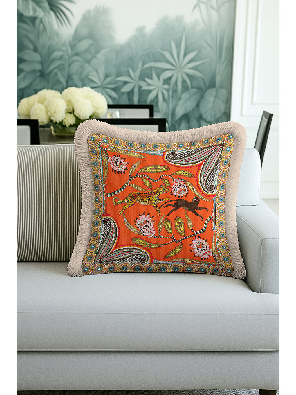 Karışık Egzotik Hayvan Motifli Saçaklı Yastık Kılıfı - Tropikal Bohem Turuncu Gold Püsküllü Kırlent Kılıfı-4
