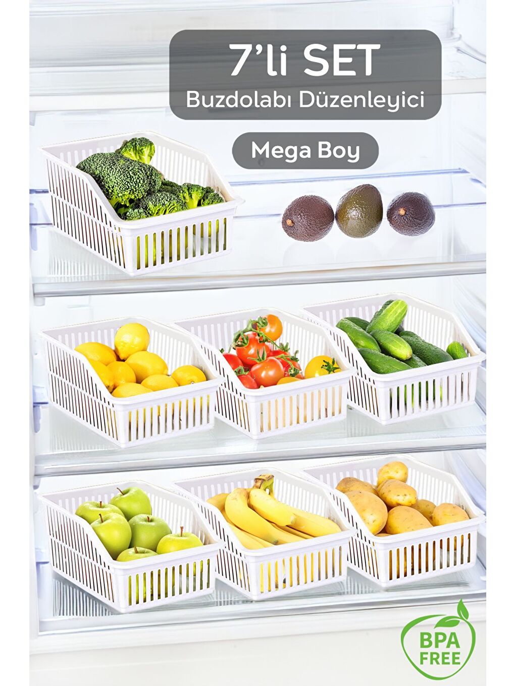 Beyaz 7 Adet Mega Boy Buzdolabı Dolap İçi Düzenleyici Organizer Büyük Boy Buzdolabı Düzenleyici
