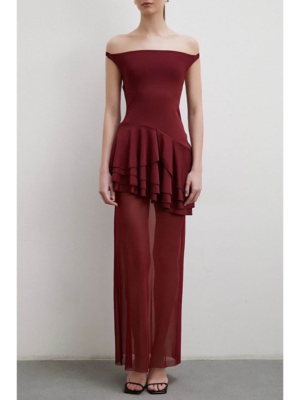Boyun Askılı Fırfırlı Tül Elbise Bordo-1