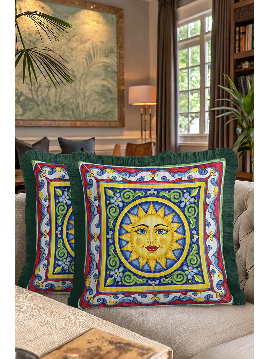 Karışık Akdeniz Stil Güneş Motifli Saçaklı Yastık Kılıfı - Renkli Bohem Sarı Yeşil Püsküllü Kırlent Kılıfı-7