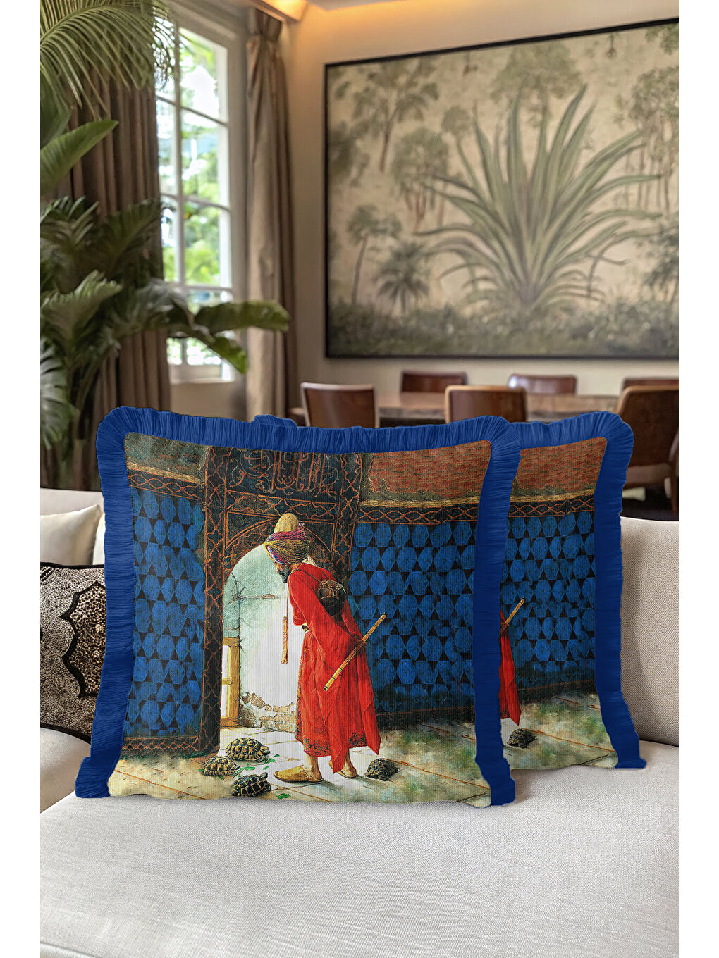 Karışık Şatafatlı Saray Figürlü Saçaklı Yastık Kılıfı - Osmanlı Etnik Mavi Gold Renk Püsküllü Kırlent Kılıfı-5