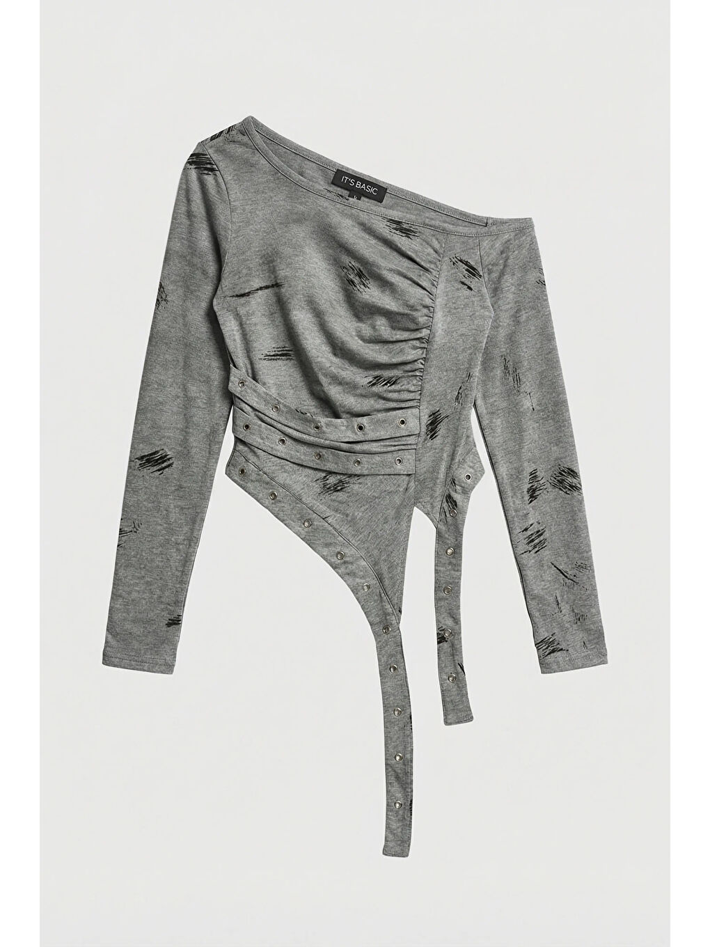 Kadın Gri w5 Omzu Açık Parça Detaylı Özel Tasarım Bluz-1