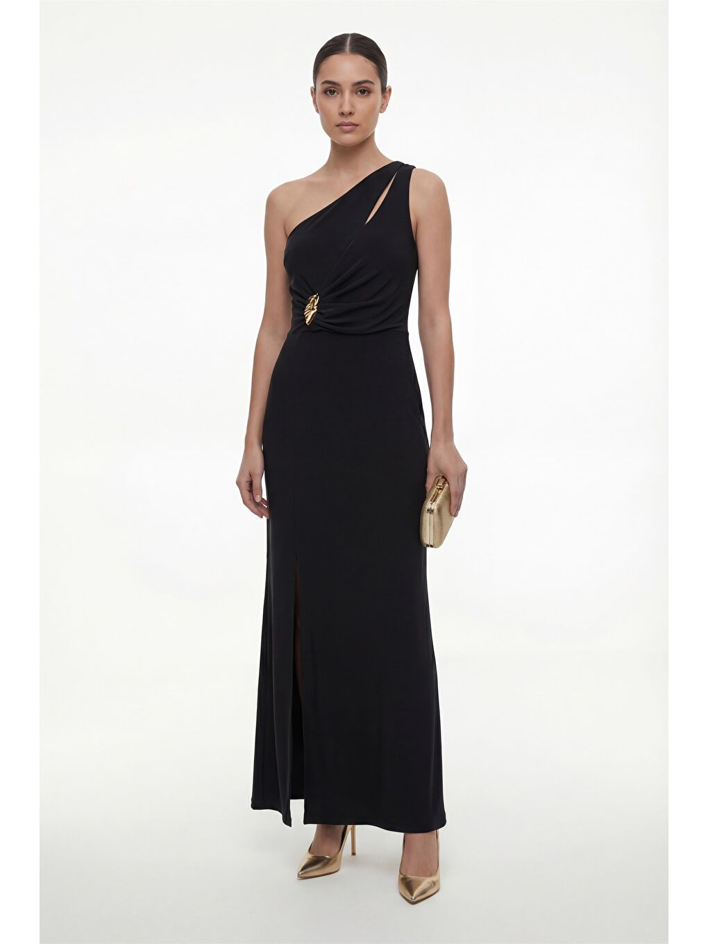 Kadın Siyah Tek Omuz Aksesuar Detay Maxi Elbise