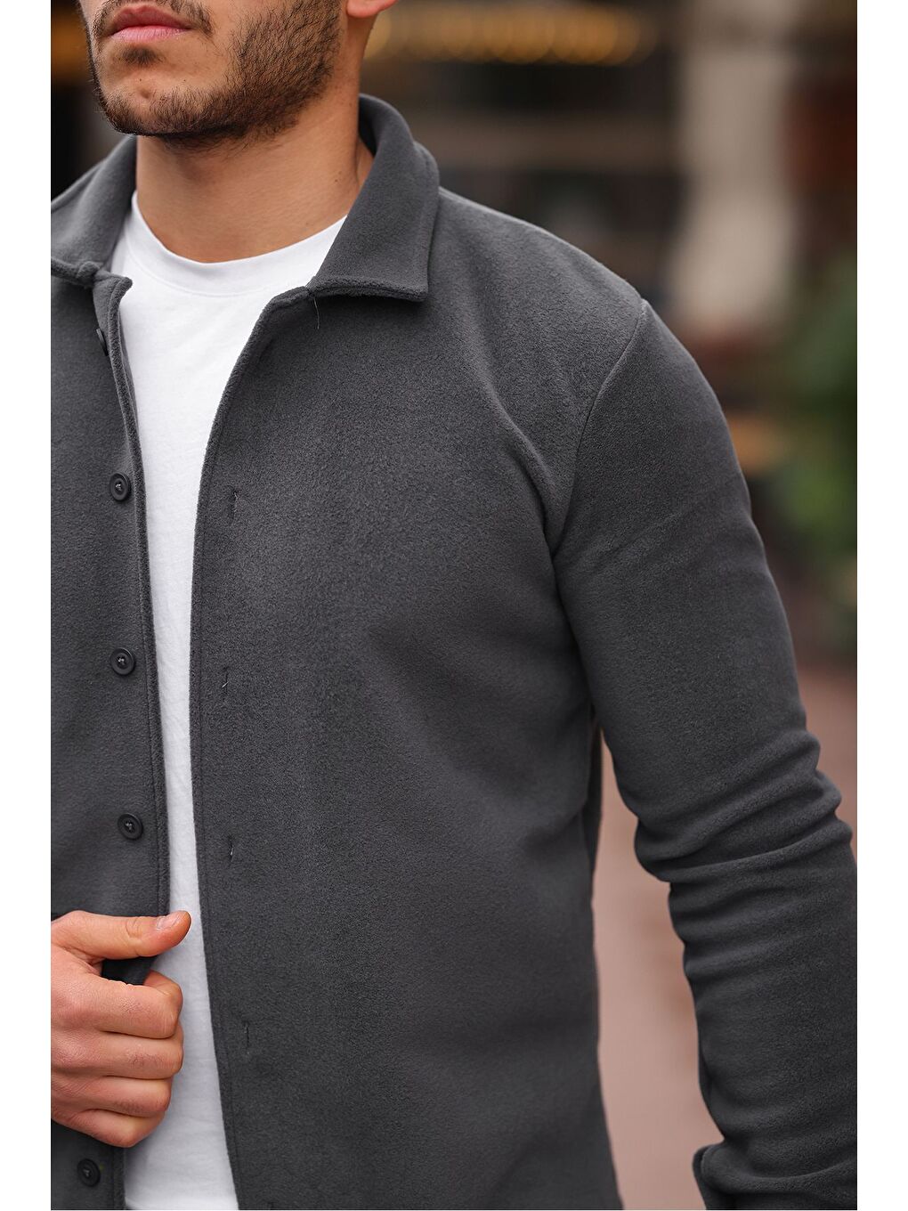 Gri Erkek Polar Rahat Kalıp Gömlek-1