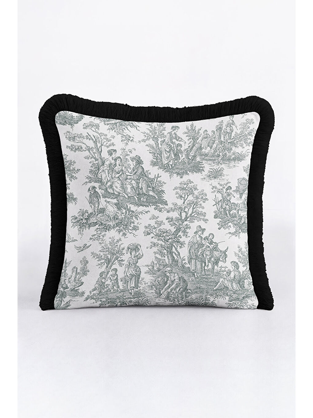 Karışık Fransız Şıklığı Saçaklı Yastık Kılıfı - Klasik Country Siyah Beyaz Püsküllü Kırlent Kılıfı-2