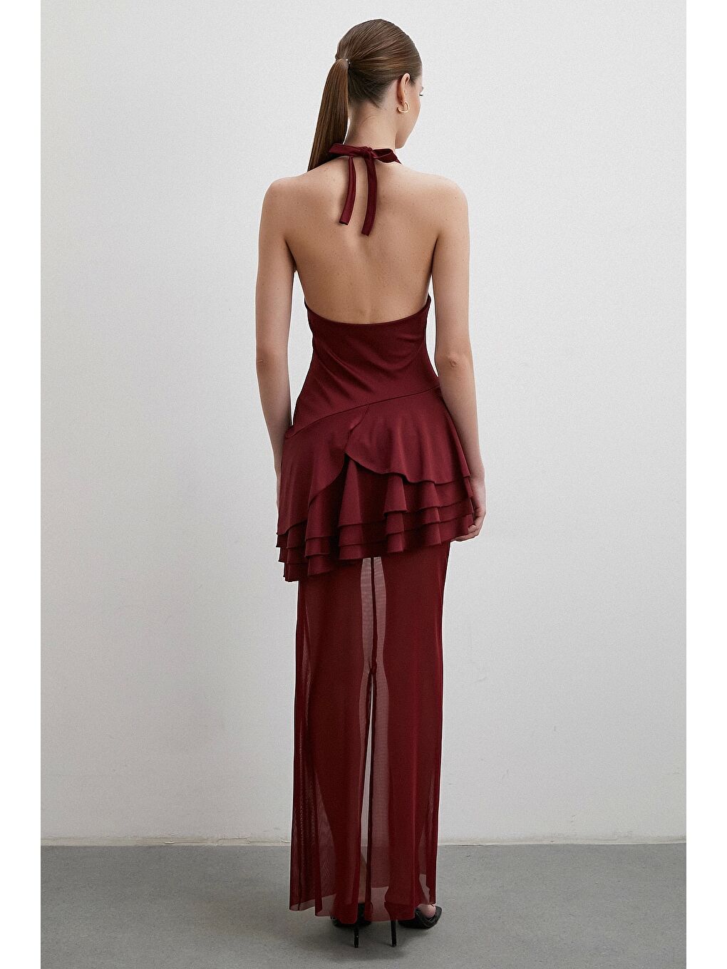 Boyun Askılı Fırfırlı Tül Elbise Bordo-2