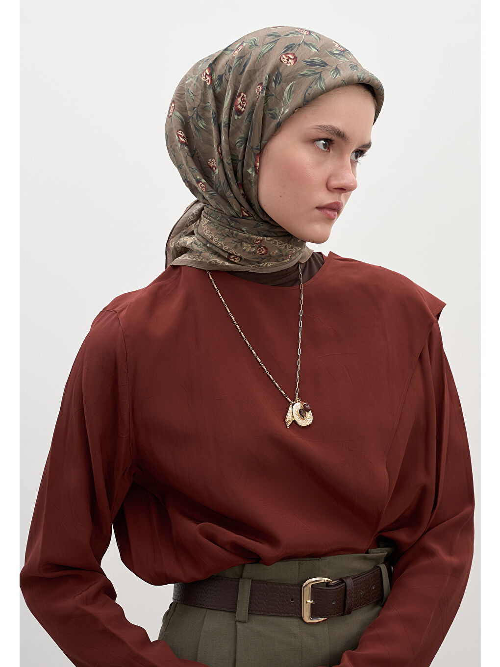 Bej Leana Desen Pamuklu Viskon Eşarp Vizon-1