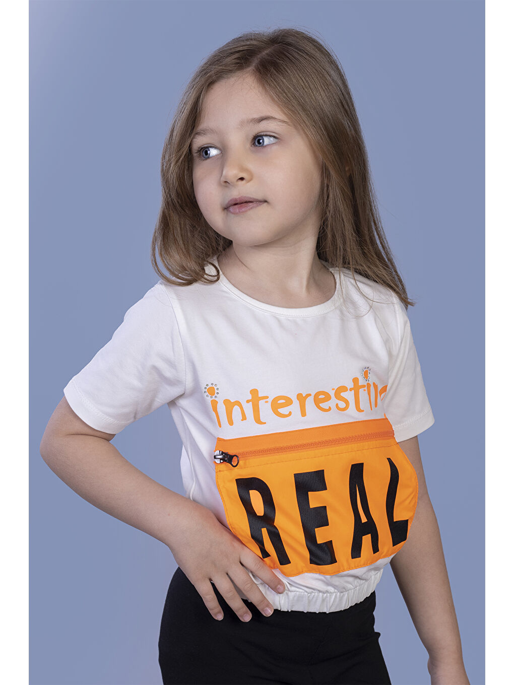 Ekru Kız Çocuk Crop Model Cebi Reflektör Detaylı Baskılı Tişört