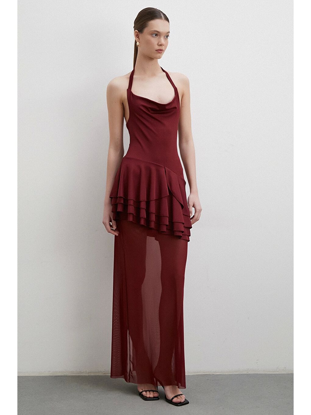 Boyun Askılı Fırfırlı Tül Elbise Bordo-3