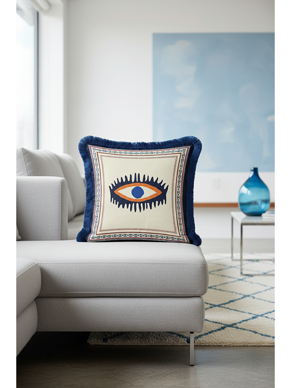 Karışık Etnik Motifli Saçaklı Yastık Kılıfı - Nazar Temalı Bohem Lacivert Püsküllü Kırlent Kılıfı-3