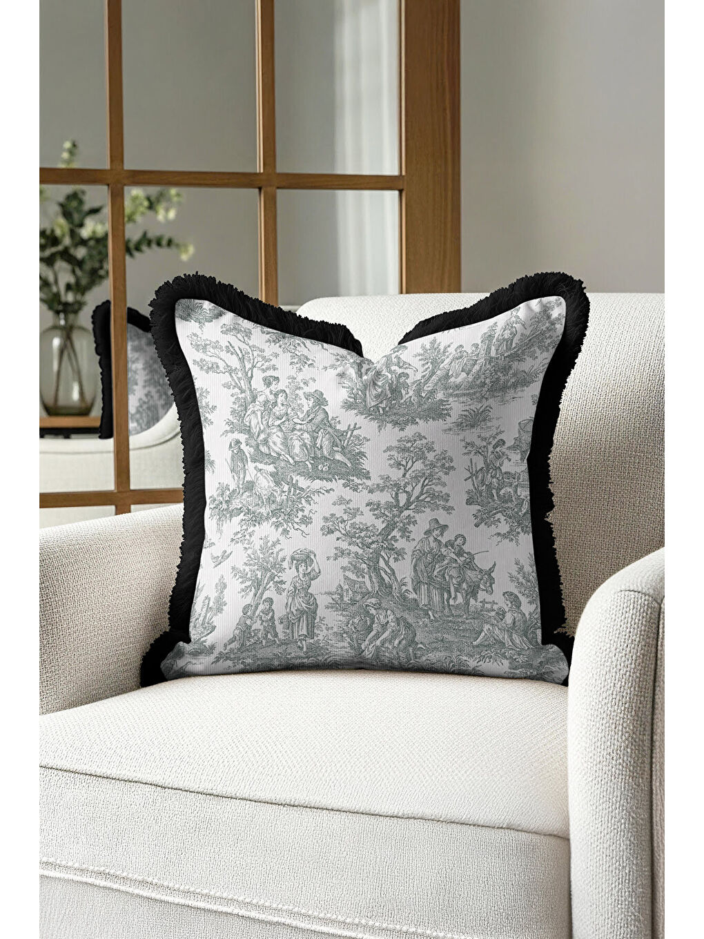 Karışık Fransız Şıklığı Saçaklı Yastık Kılıfı - Klasik Country Siyah Beyaz Püsküllü Kırlent Kılıfı-3