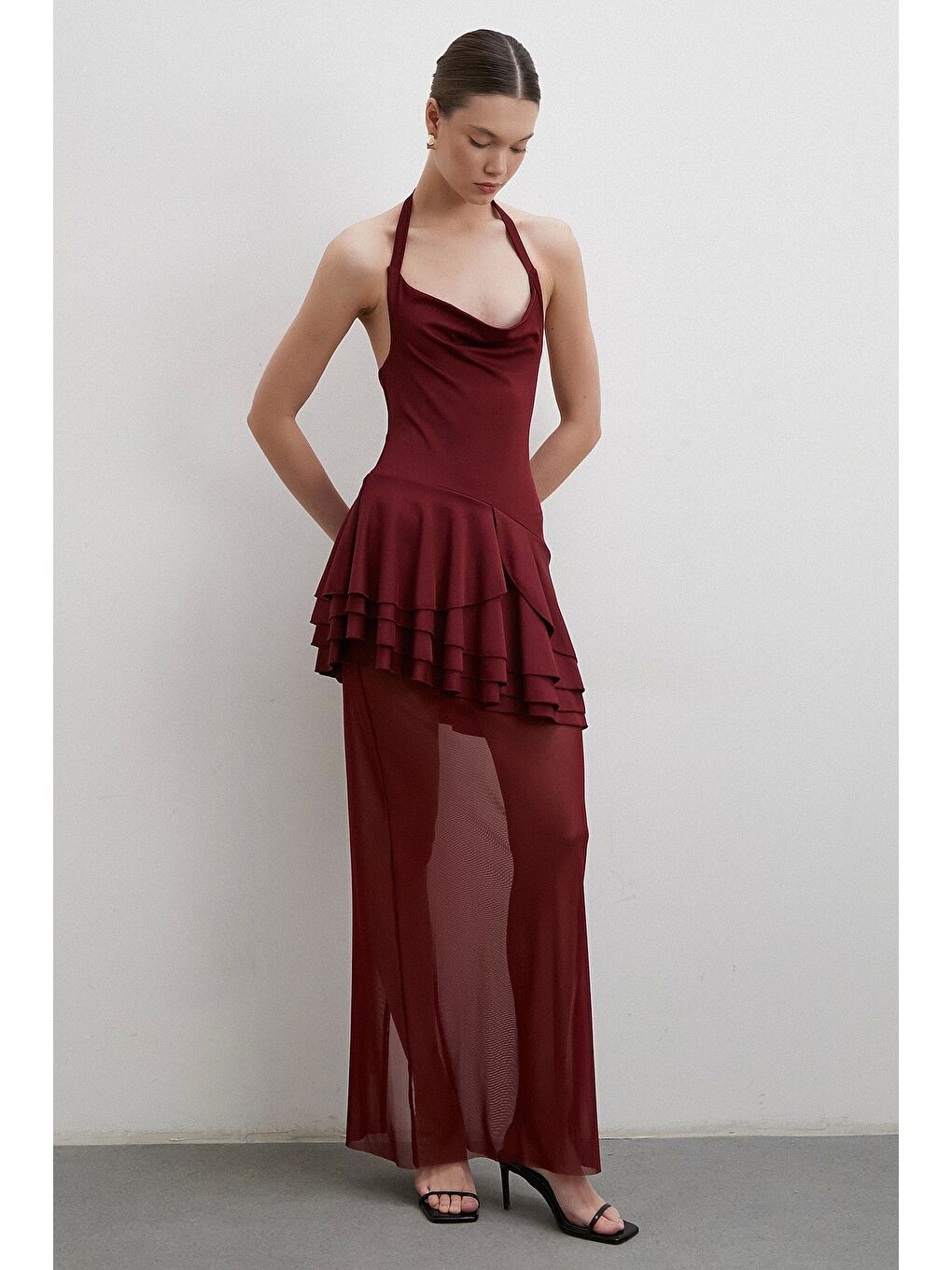 Boyun Askılı Fırfırlı Tül Elbise Bordo-4