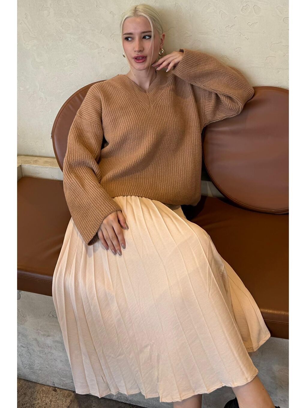 Kahverengi Camel V Yaka Triko Kadın Kazak Mg2501-1