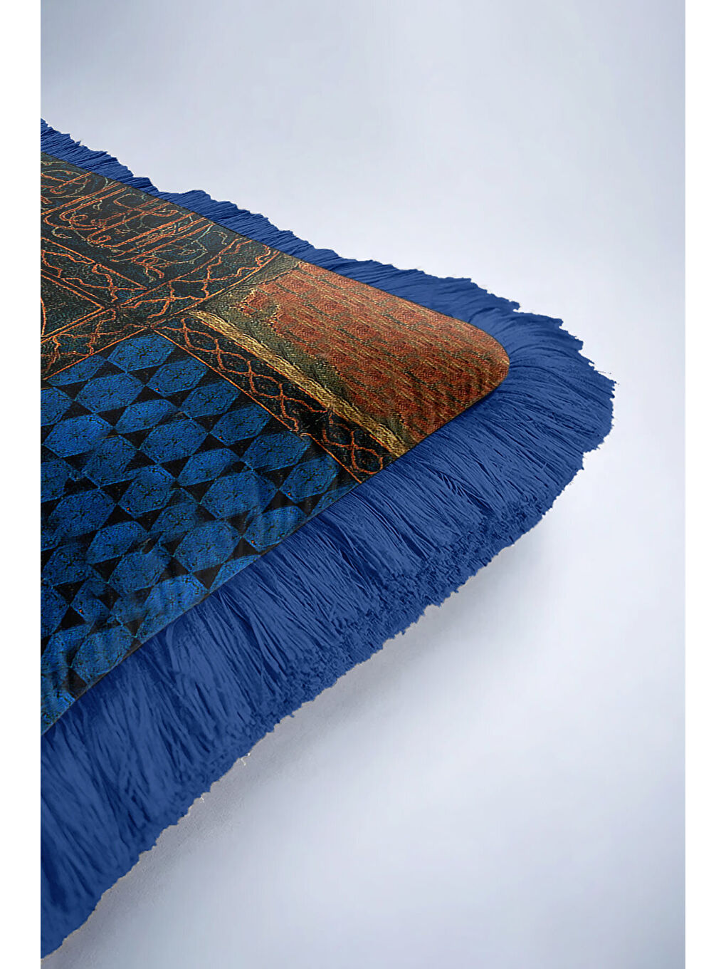 Karışık Şatafatlı Saray Figürlü Saçaklı Yastık Kılıfı - Osmanlı Etnik Mavi Gold Renk Püsküllü Kırlent Kılıfı-6