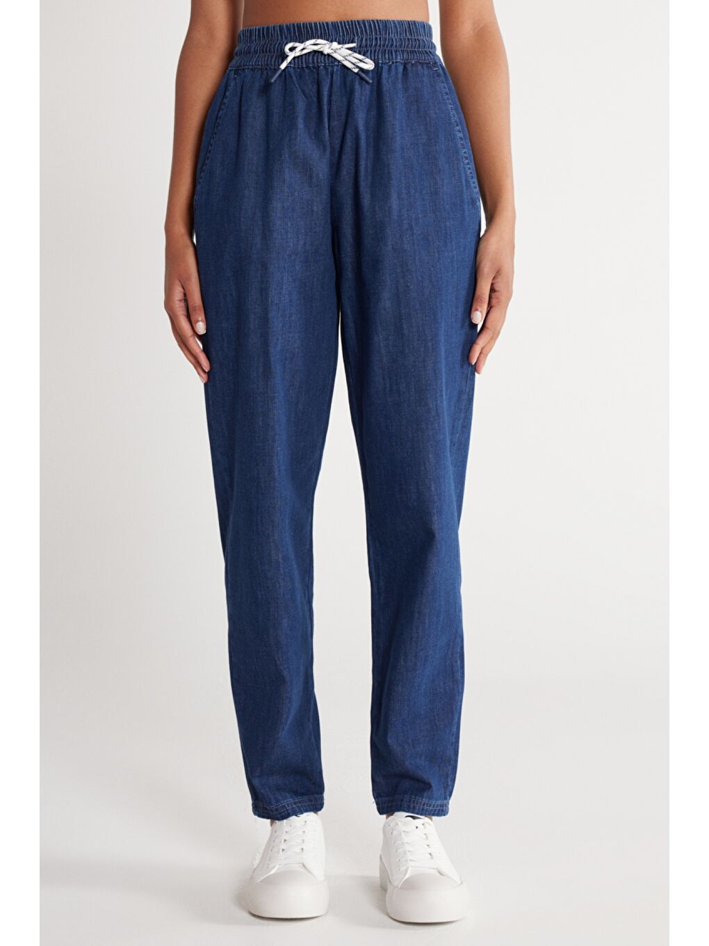 Bej Regular Fit Normal Kesim %100 Pamuk Yüksek Bel Jean Jogger Pantolon