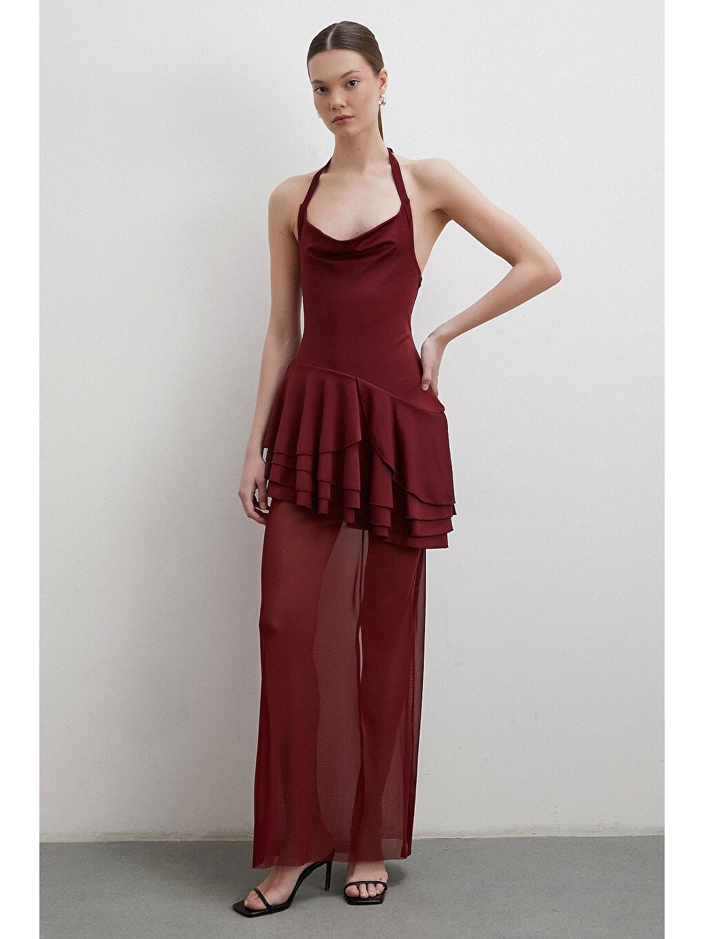 Boyun Askılı Fırfırlı Tül Elbise Bordo-5