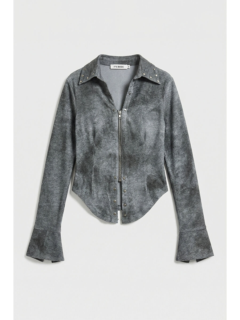 Kadın Gri w5 Fermuar ve Drop Detaylı Özel Tasarım Crop Top-1