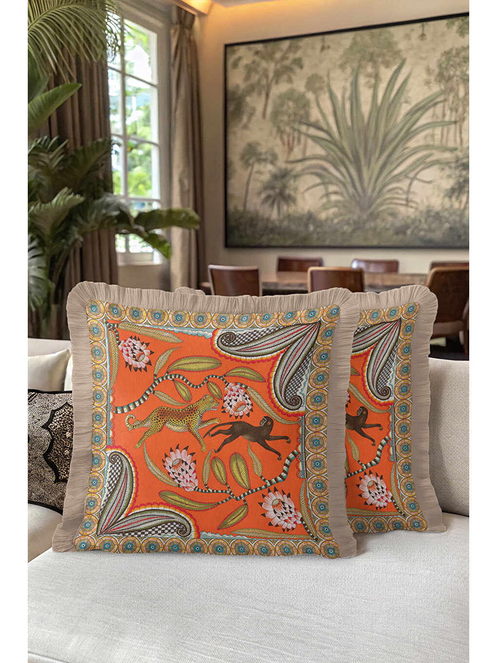 Karışık Egzotik Hayvan Motifli Saçaklı Yastık Kılıfı - Tropikal Bohem Turuncu Gold Püsküllü Kırlent Kılıfı-5