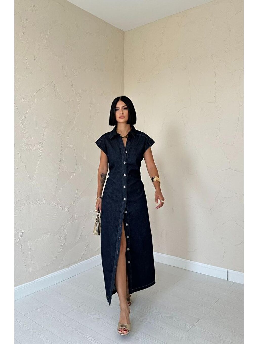 Mavi Kolsuz Vatkalı Elbise-1