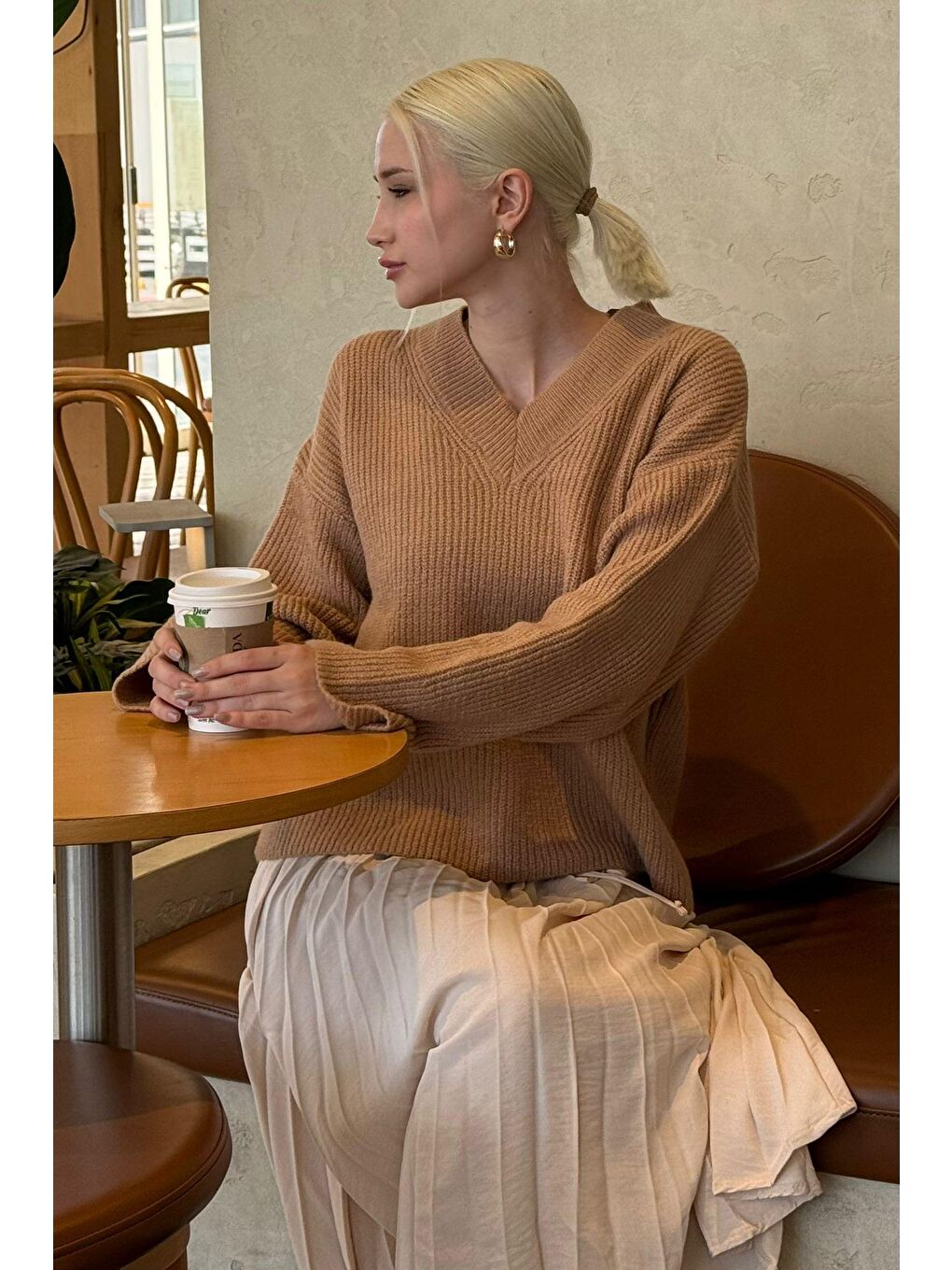 Kahverengi Camel V Yaka Triko Kadın Kazak Mg2501-3