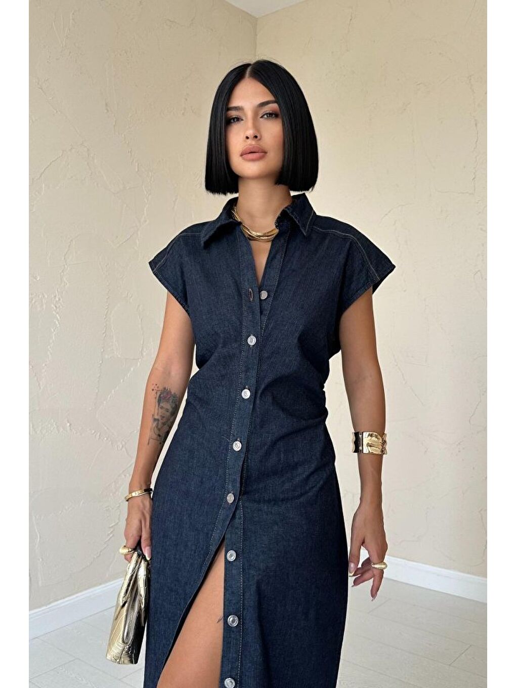 Mavi Kolsuz Vatkalı Elbise-2