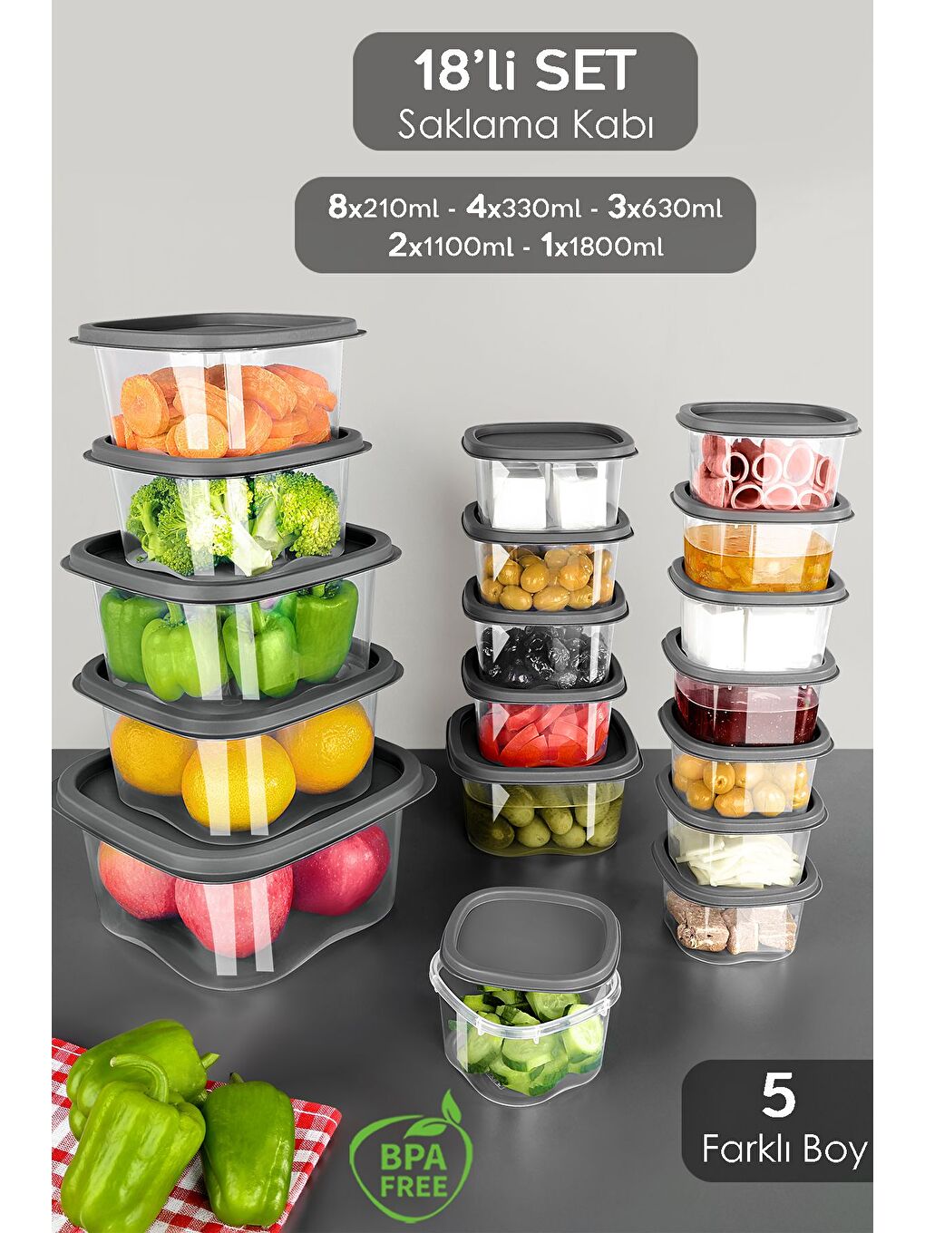 Gri 18 li Kare Erzak Gıda Saklama Kabı Seti Antrasit