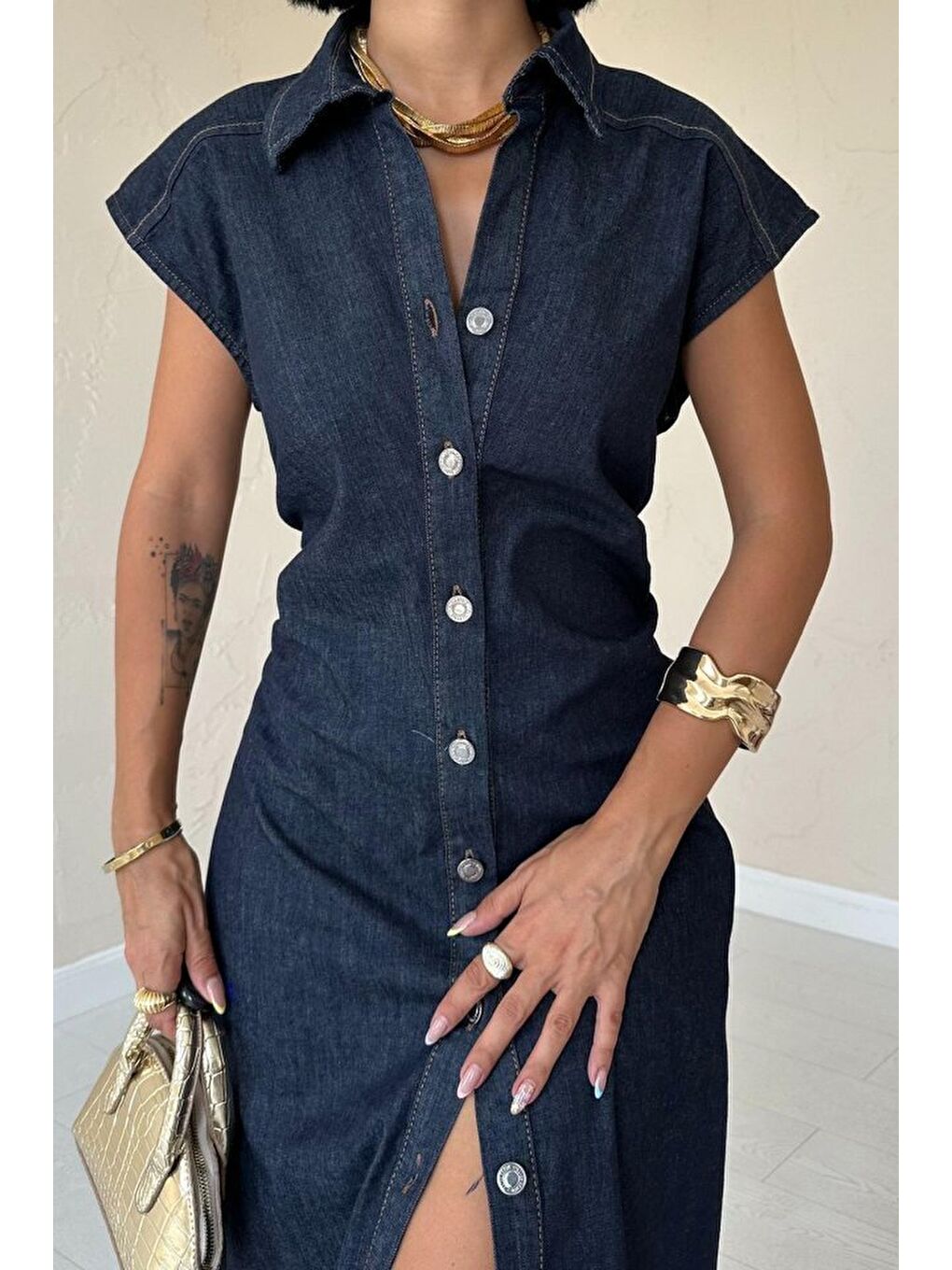 Mavi Kolsuz Vatkalı Elbise-3