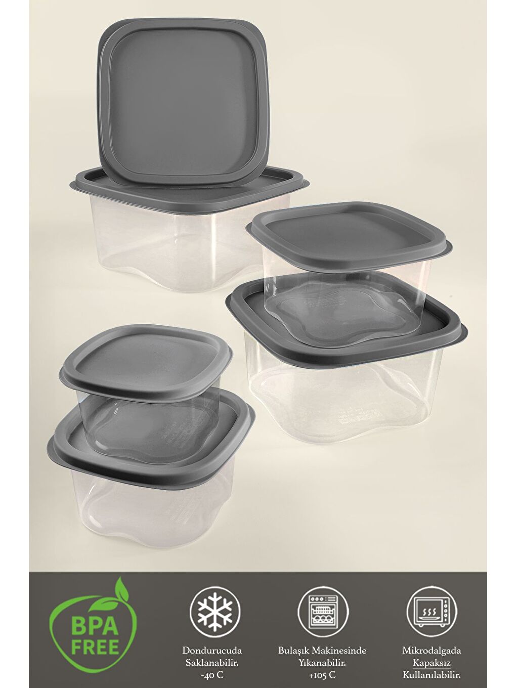 Gri 18 li Kare Erzak Gıda Saklama Kabı Seti Antrasit-2