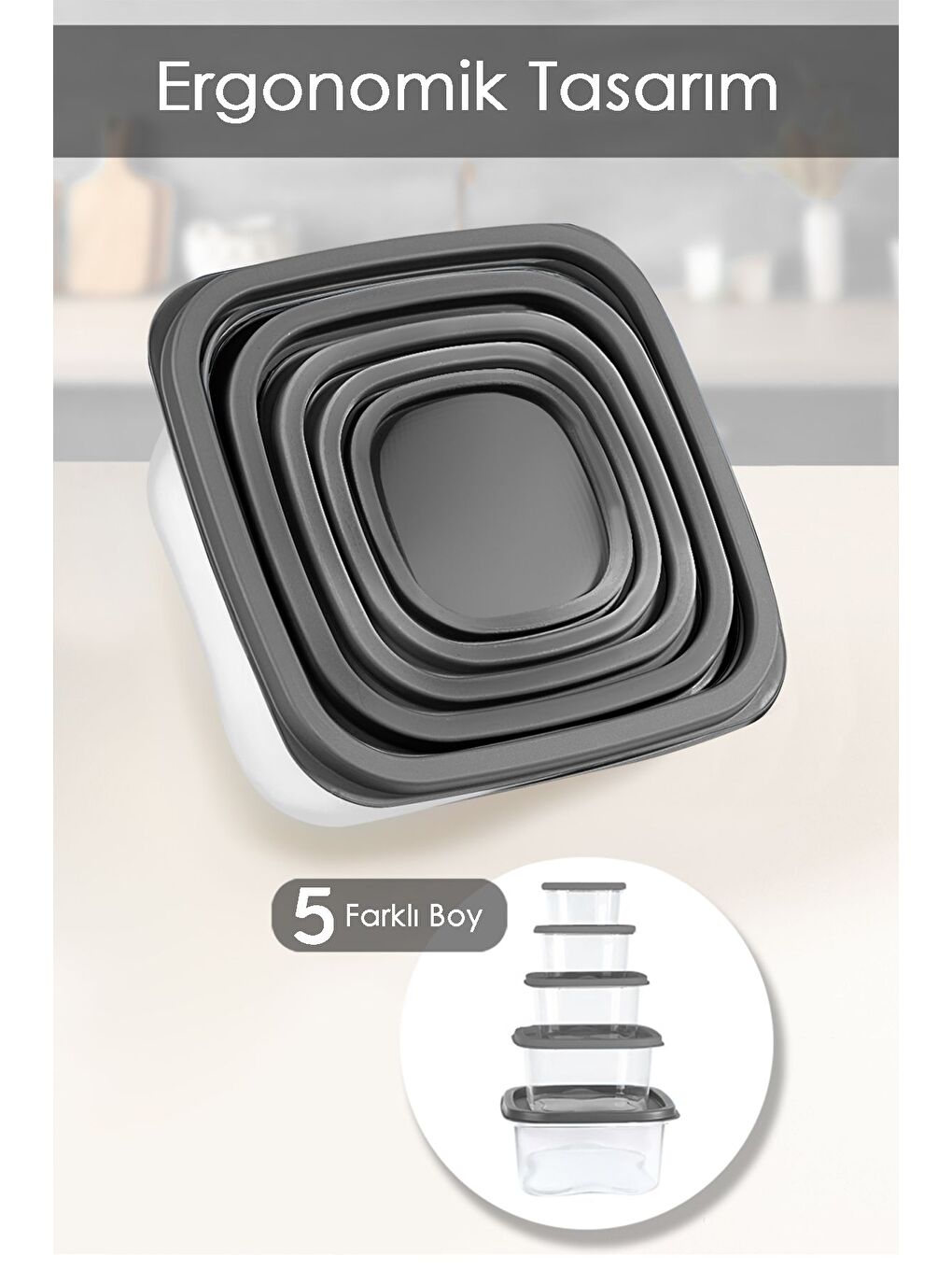 Gri 18 li Kare Erzak Gıda Saklama Kabı Seti Antrasit-3