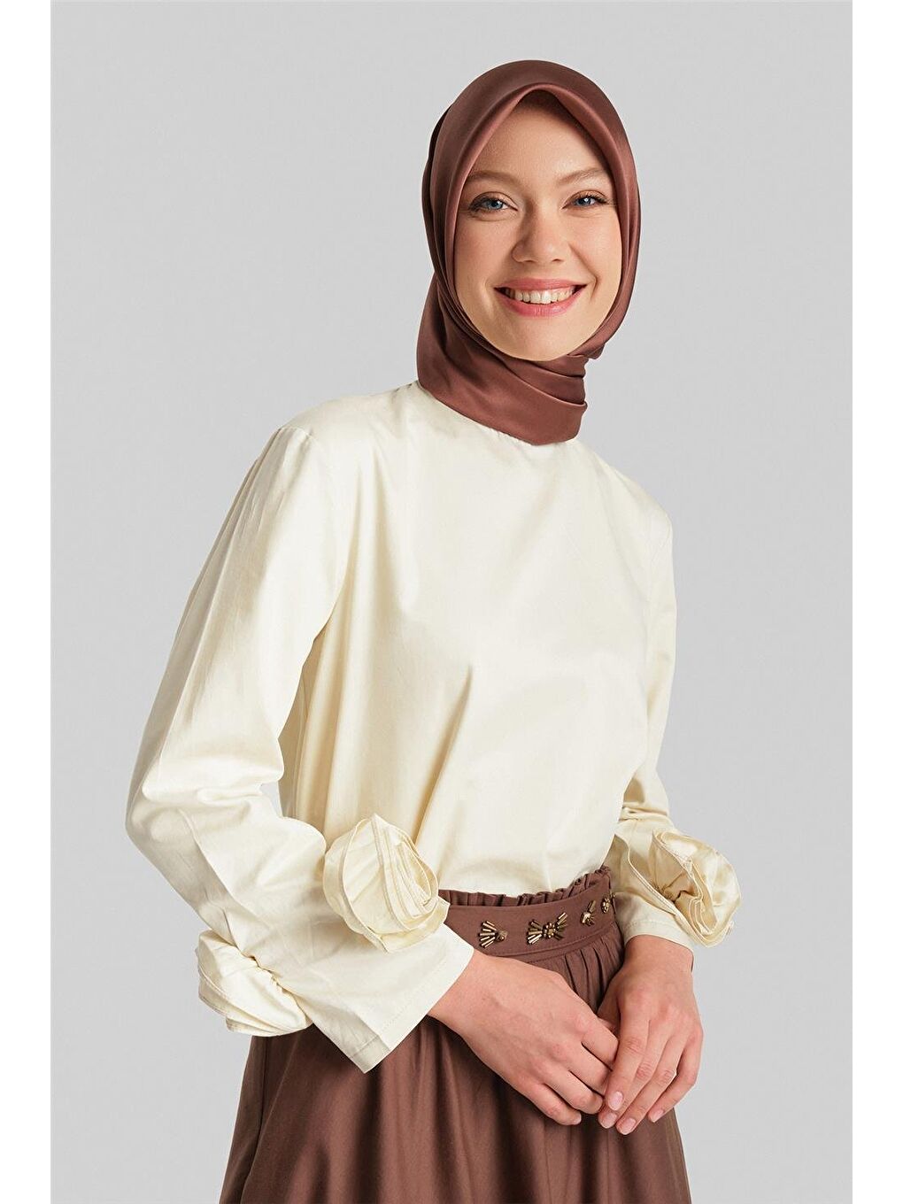 ARMİNE Bej Kolları Çiçekli Bluz 24Y3553 Aytaşı - 3