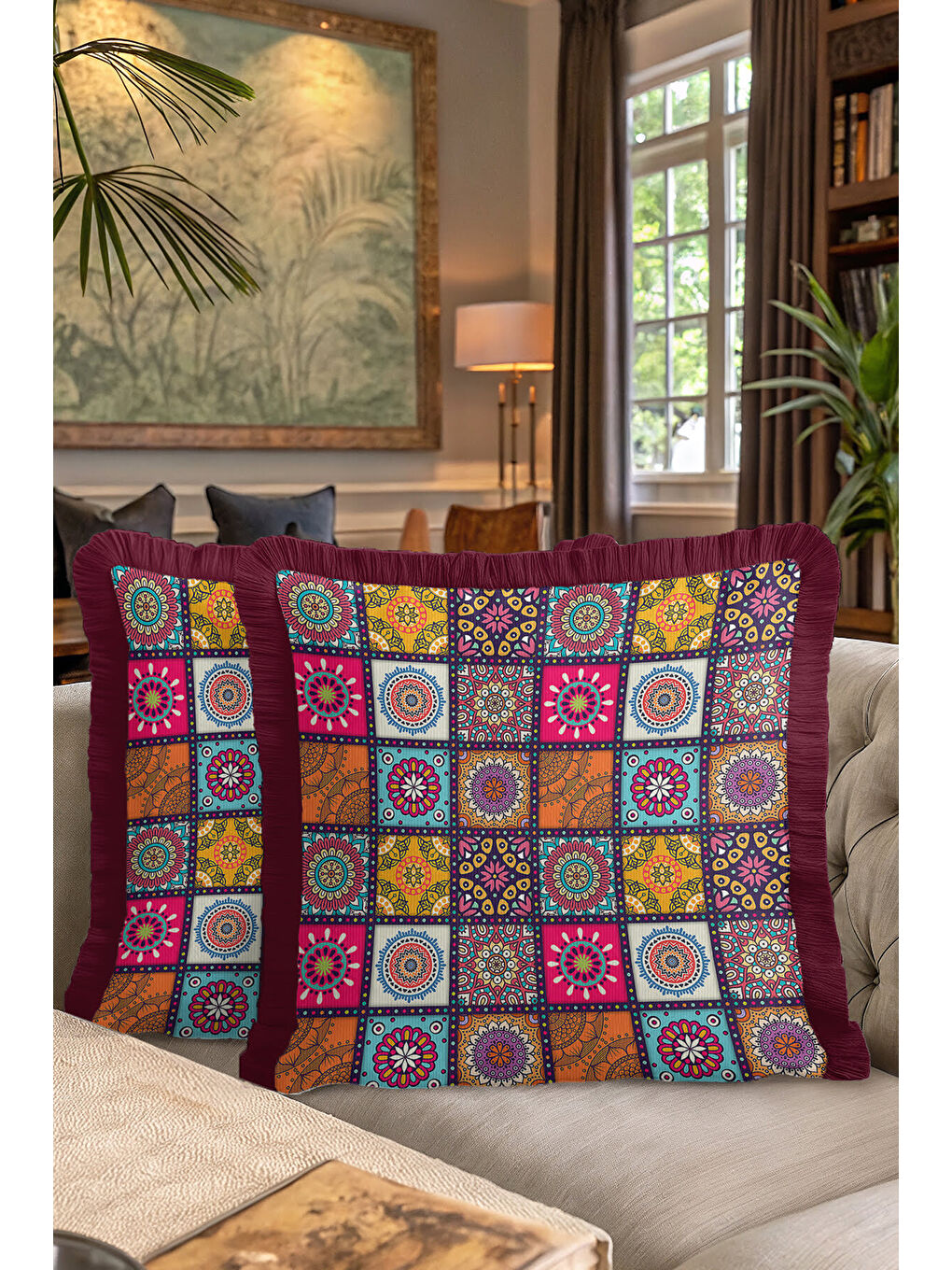 Karışık Etnik Mandala Mozaik Saçaklı Yastık Kılıfı - Bohem Renkli Patchwork Bordo Püsküllü Kırlent Kılıfı-7