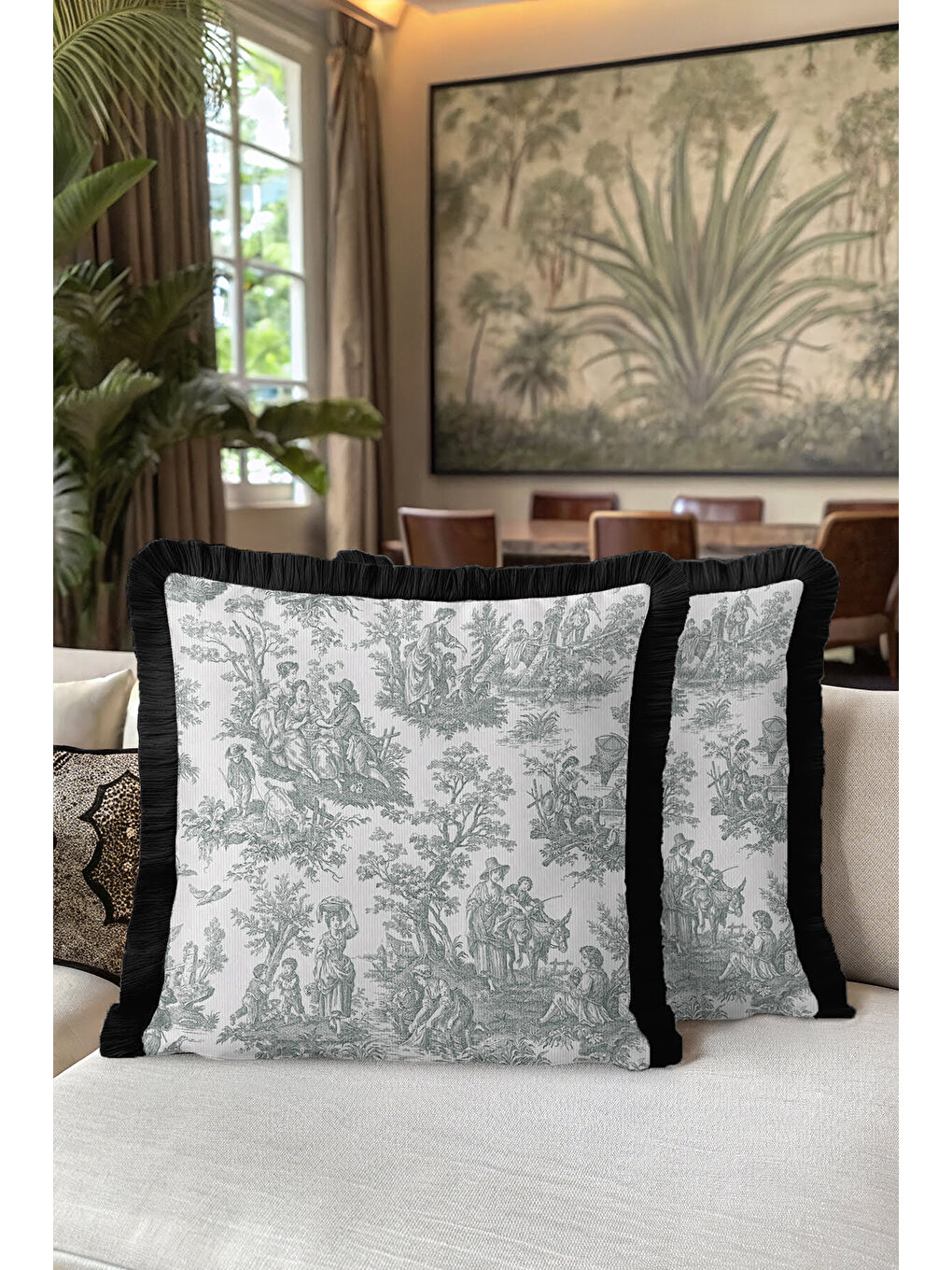 Karışık Fransız Şıklığı Saçaklı Yastık Kılıfı - Klasik Country Siyah Beyaz Püsküllü Kırlent Kılıfı-5