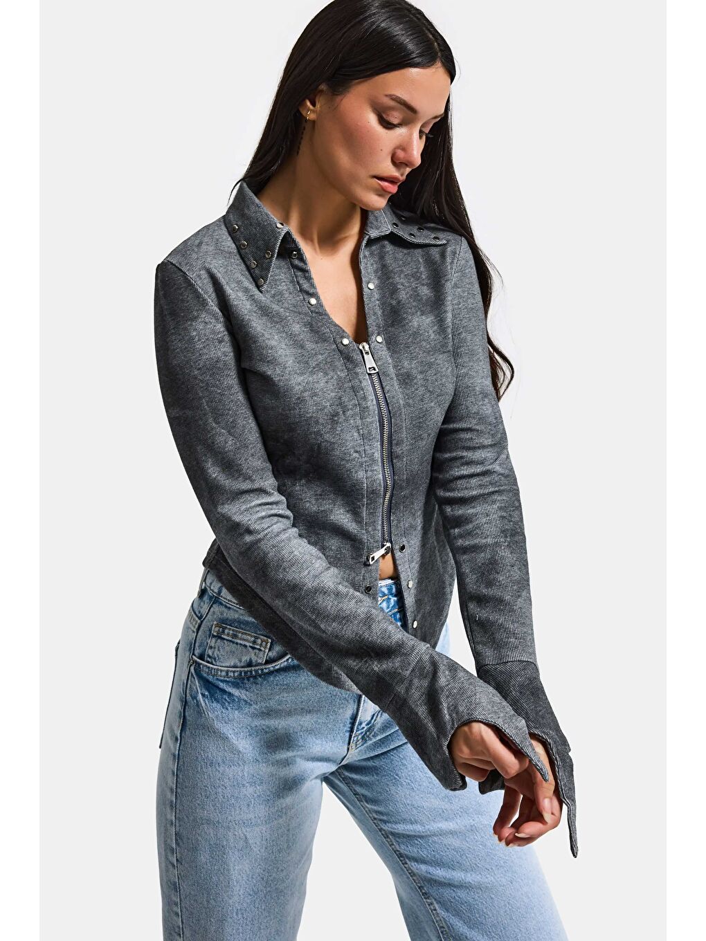 Kadın Gri w5 Fermuar ve Drop Detaylı Özel Tasarım Crop Top-2