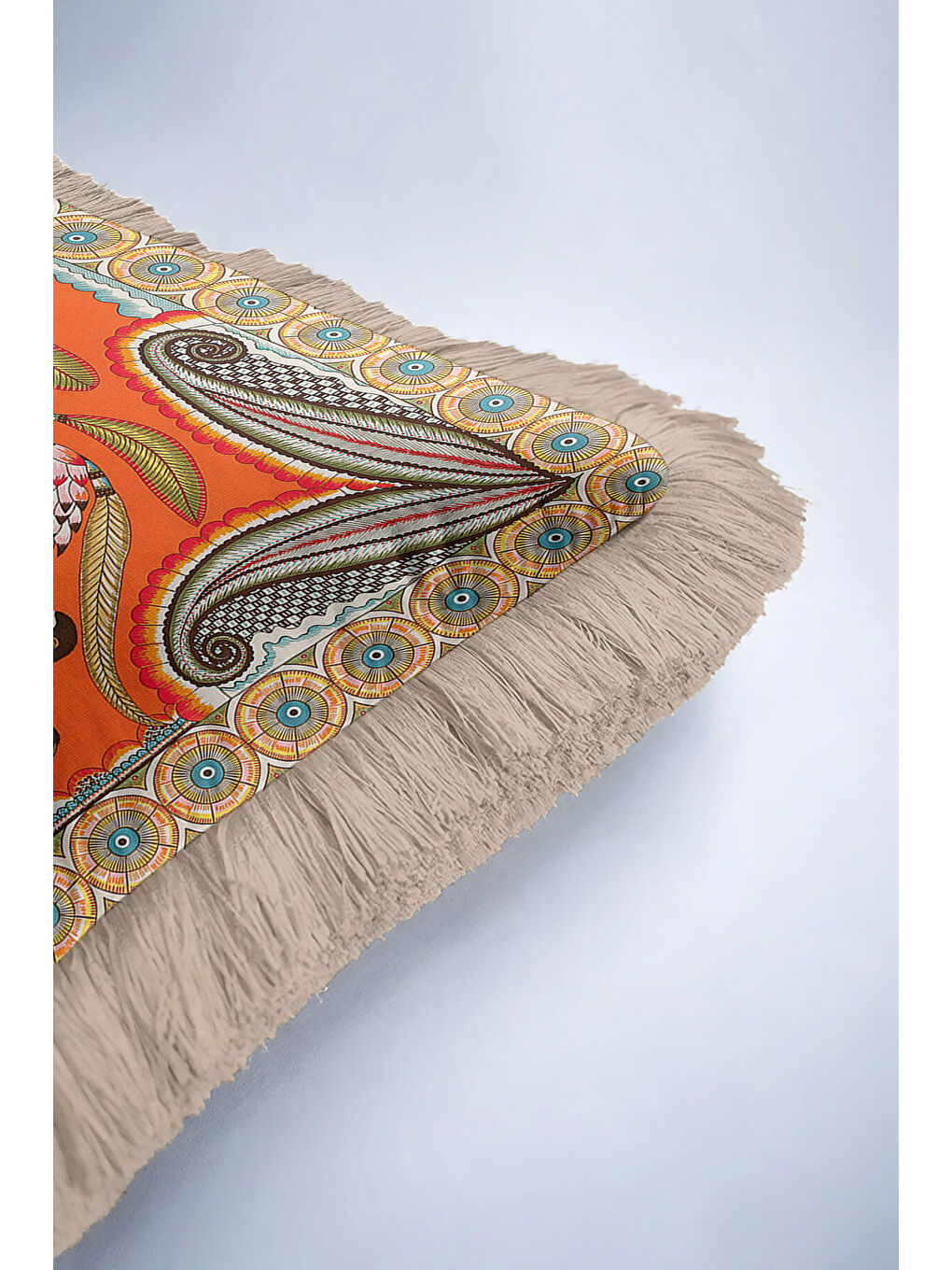 Karışık Egzotik Hayvan Motifli Saçaklı Yastık Kılıfı - Tropikal Bohem Turuncu Gold Püsküllü Kırlent Kılıfı-6