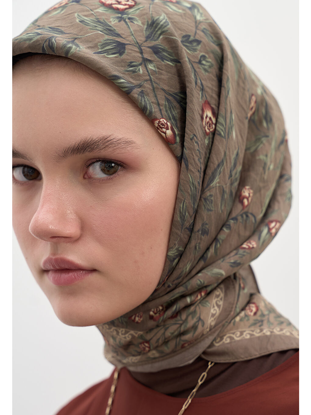 Bej Leana Desen Pamuklu Viskon Eşarp Vizon-3