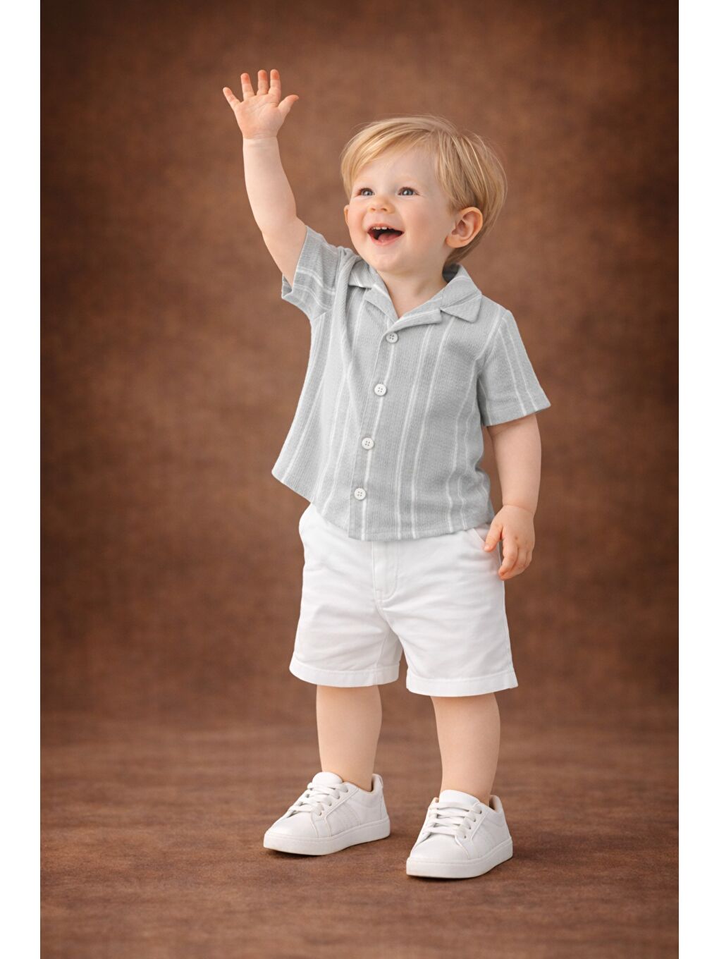 Gri Erkek Bebek Çizgili Gömlek Şort Takım Yazlık 2’li Kombin-1