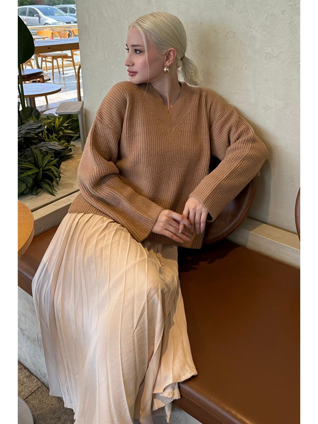 Kahverengi Camel V Yaka Triko Kadın Kazak Mg2501-4