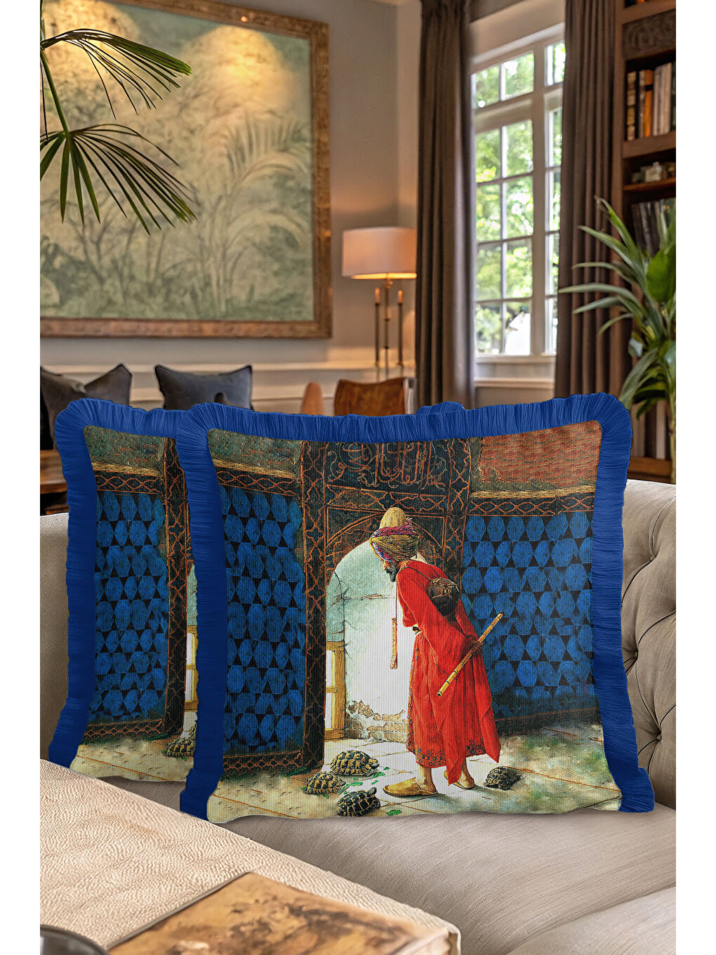 Karışık Şatafatlı Saray Figürlü Saçaklı Yastık Kılıfı - Osmanlı Etnik Mavi Gold Renk Püsküllü Kırlent Kılıfı-7