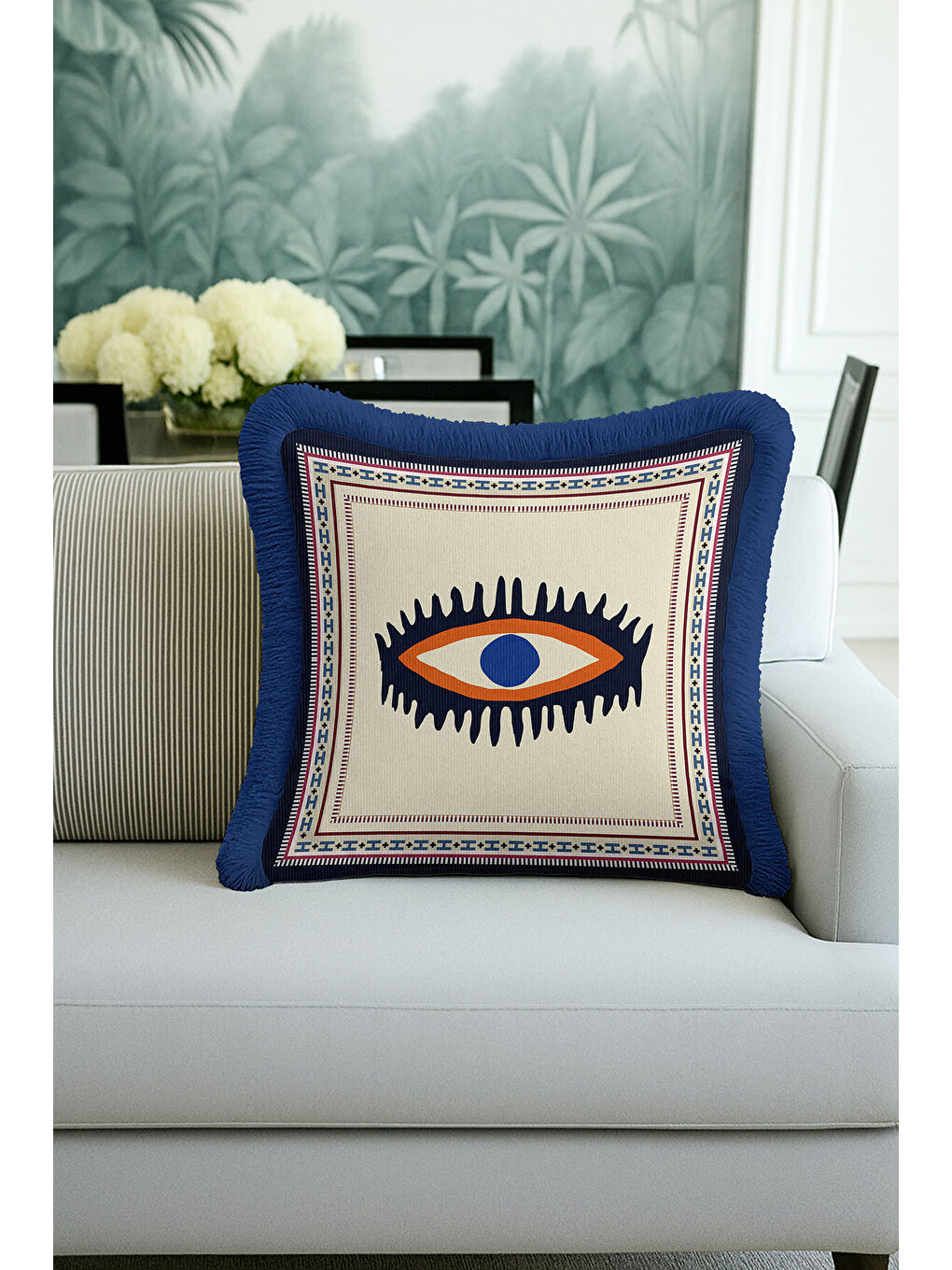 Karışık Etnik Motifli Saçaklı Yastık Kılıfı - Nazar Temalı Bohem Lacivert Püsküllü Kırlent Kılıfı-4