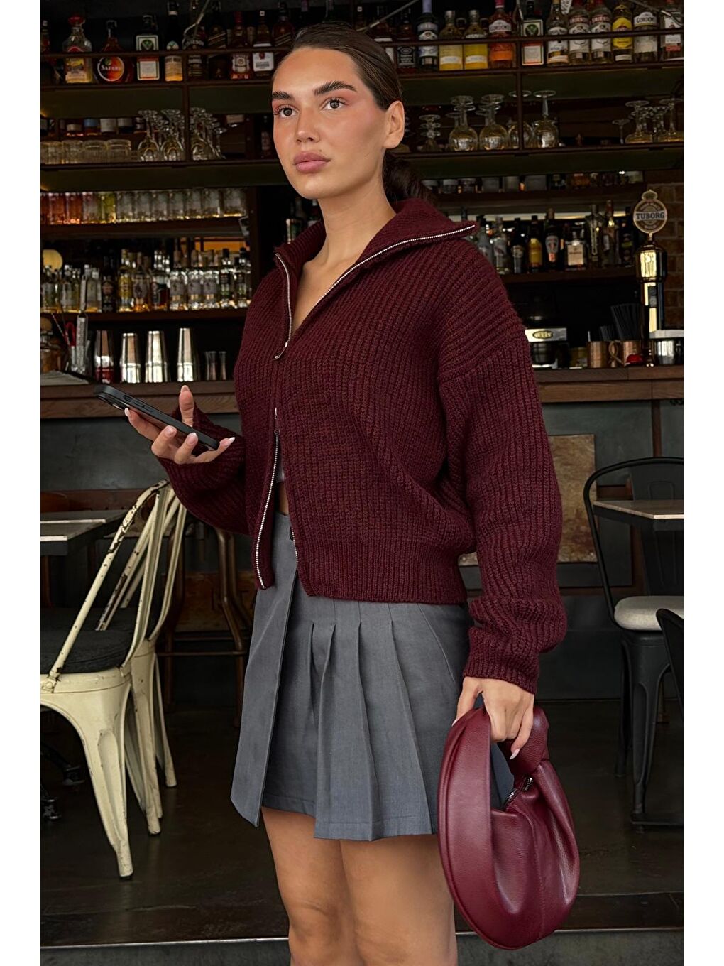 Bordo Fermuarlı Kadın Triko Hırka Mg2532-5