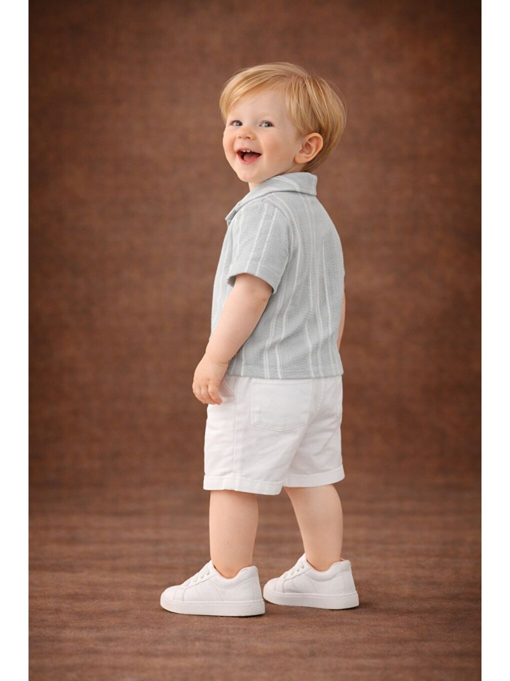 Gri Erkek Bebek Çizgili Gömlek Şort Takım Yazlık 2’li Kombin-2