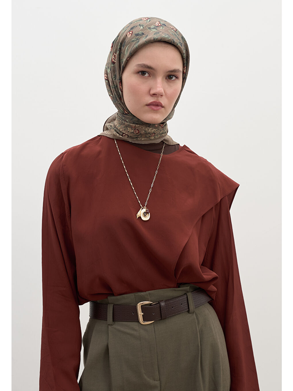 Bej Leana Desen Pamuklu Viskon Eşarp Vizon-4