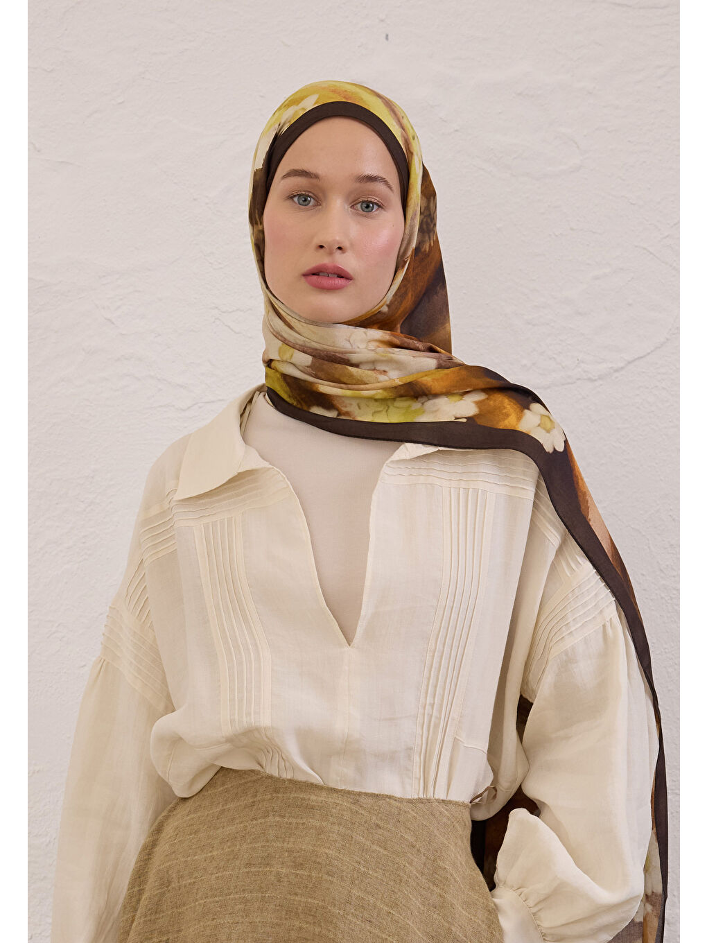 Kahverengi Soft Daısy Desen Rami Şal Acı Kahve-3