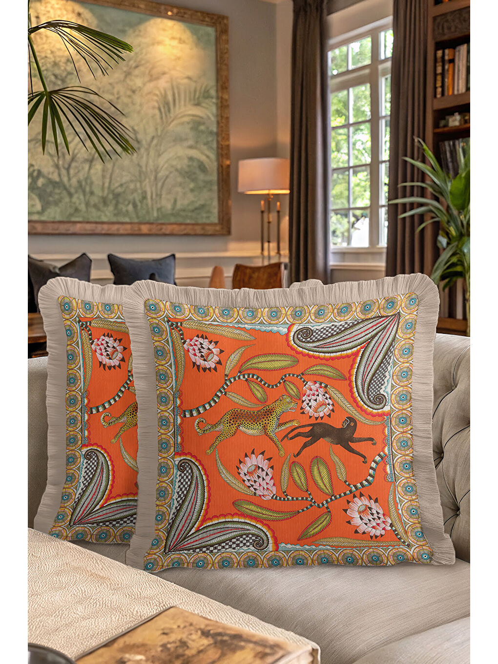 Karışık Egzotik Hayvan Motifli Saçaklı Yastık Kılıfı - Tropikal Bohem Turuncu Gold Püsküllü Kırlent Kılıfı-7