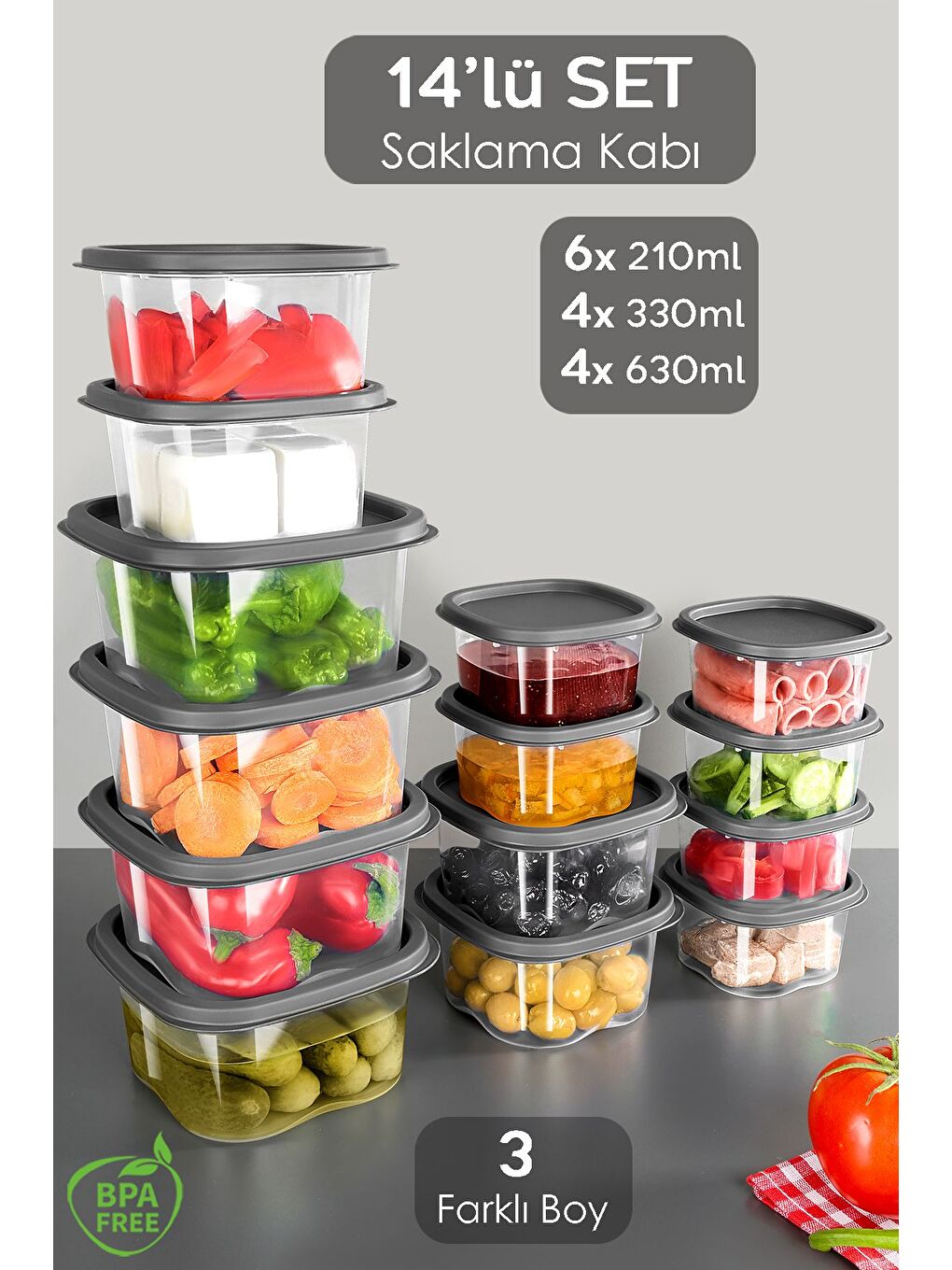 Gri 14'lü Kare Erzak Gıda Saklama Kabı Seti Antrasit