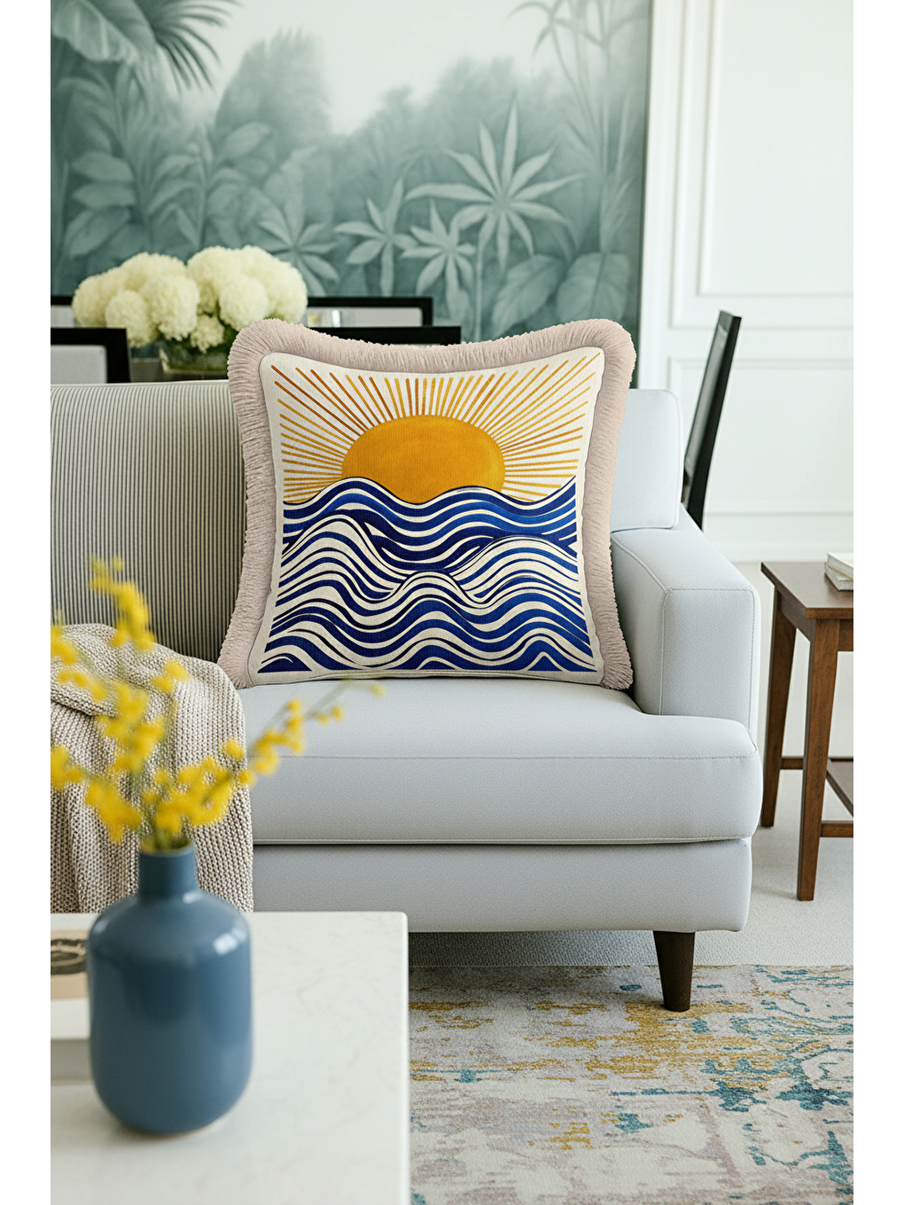 Karışık Deniz Dalgası Saçaklı Yastık Kılıfı - Akdeniz Temalı Modern Mavi Altın Renk Püsküllü Kırlent Kılıfı-1