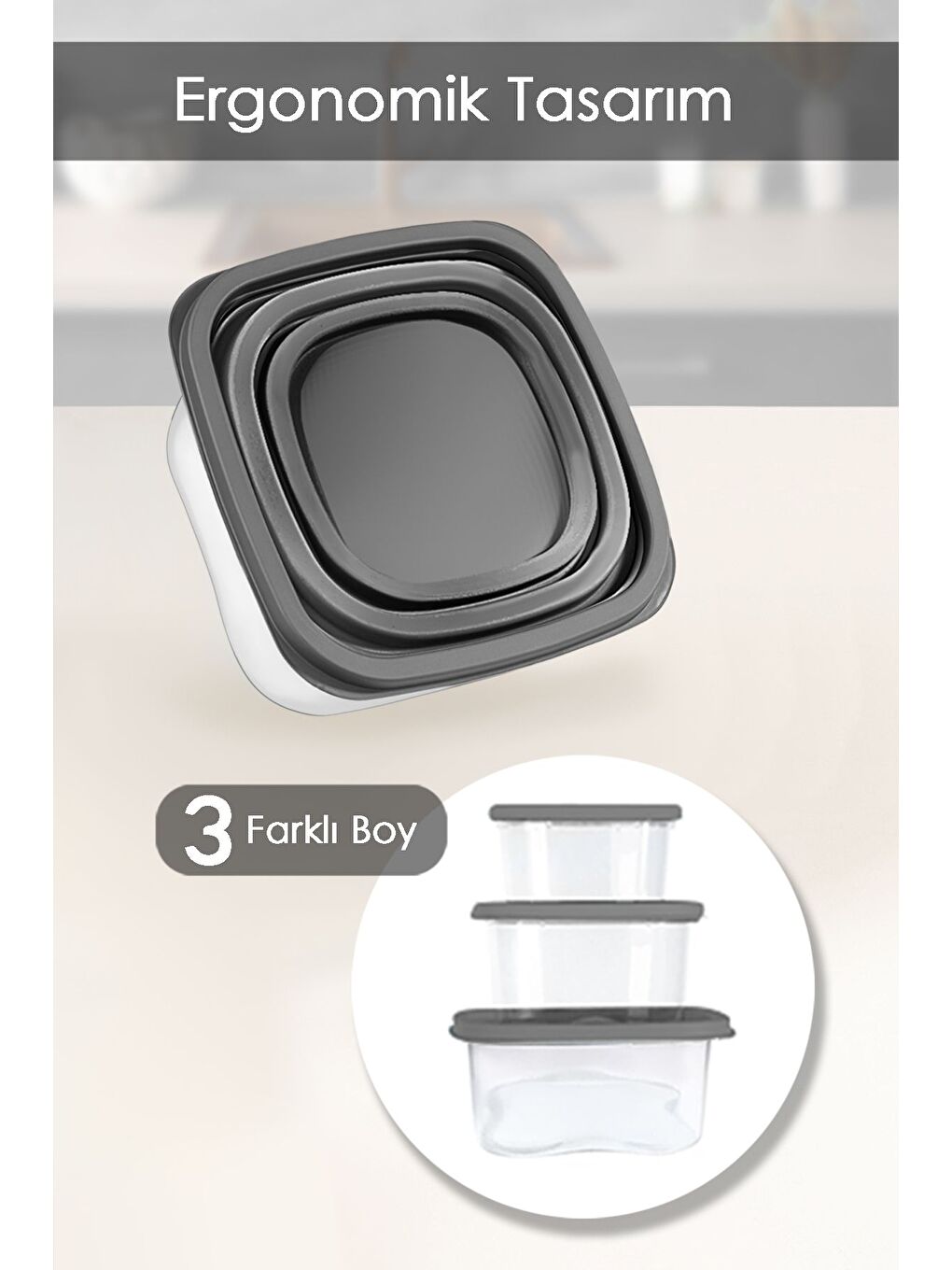 Gri 14'lü Kare Erzak Gıda Saklama Kabı Seti Antrasit-3