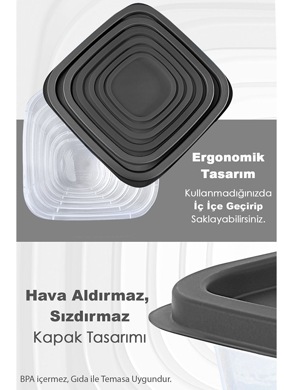 Gri 14'lü Kare Erzak Gıda Saklama Kabı Seti Antrasit-4