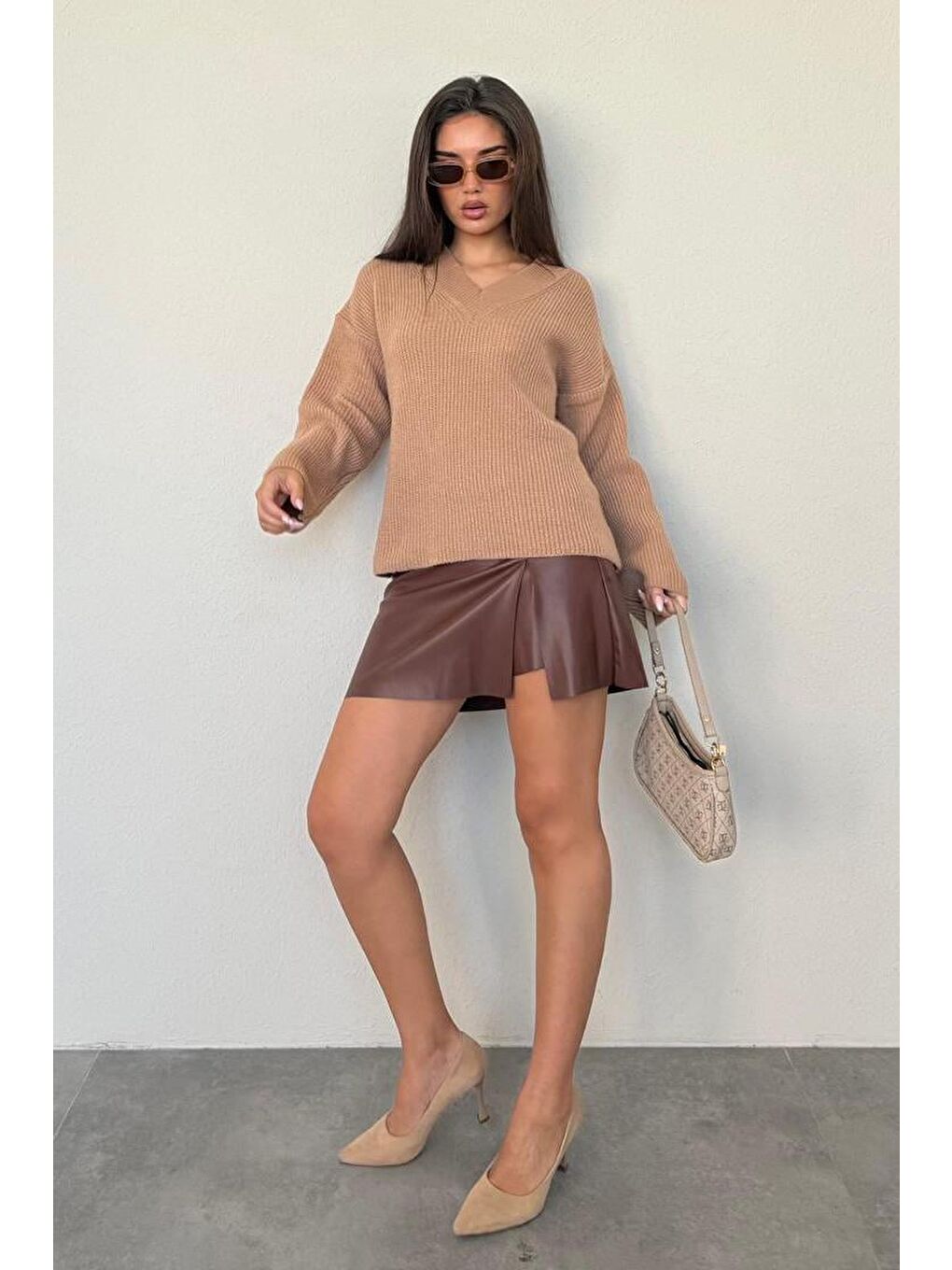 Kahverengi Camel V Yaka Triko Kadın Kazak Mg2501-6