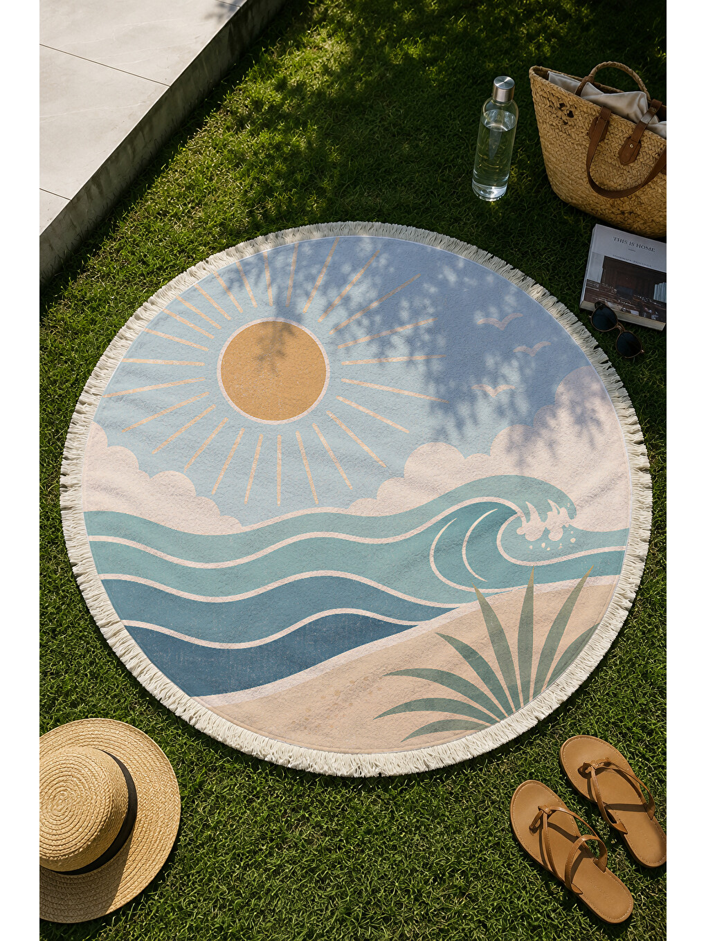 Mavi Yuvarlak Plaj Havlusu 150 Cm Güneş Ve Deniz Dalgası Desenli Baskılı Plaj Havlusu